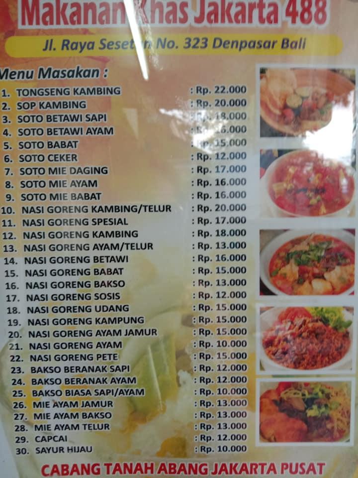 Menu at Masakan Khas Jakarta 488 restaurant, Denpasar