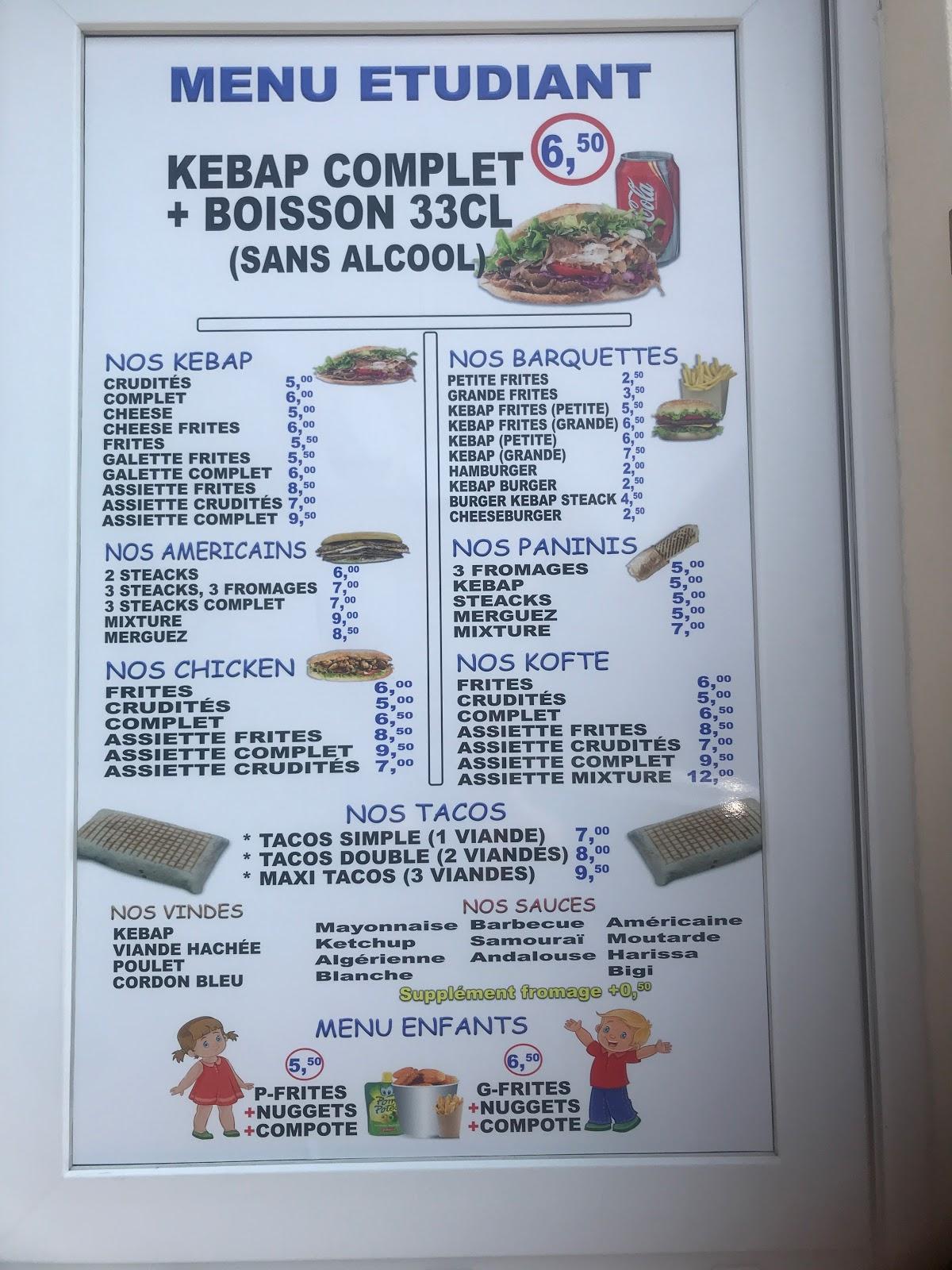 Menu at Sanvic kebap restaurant, Le Havre