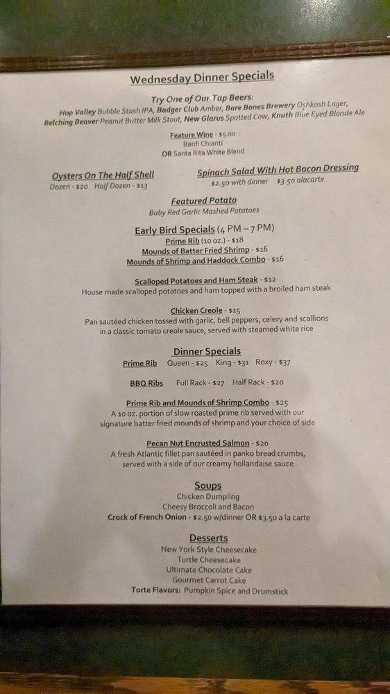 Menu at The Roxy Supper Club, Oshkosh