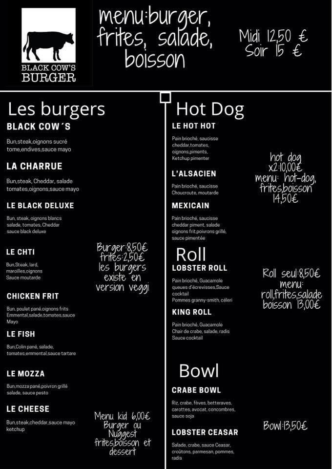 Menu at Black cow's burger restaurant, Houdain