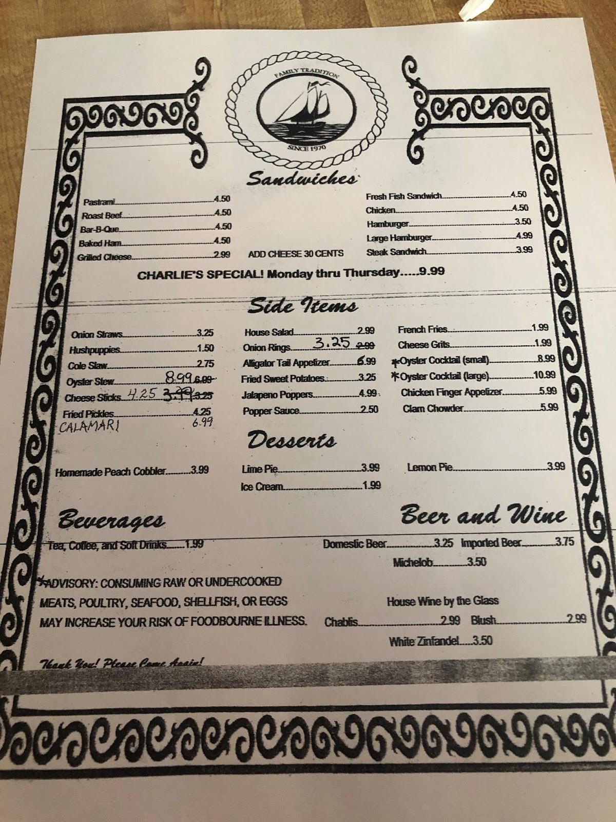 Menu at Charles Seafood Restaurant, Tifton, 701 7th St W