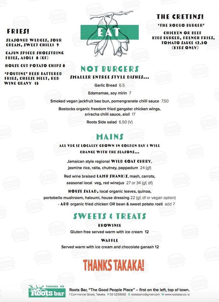 Menu at Roots Bar, Takaka