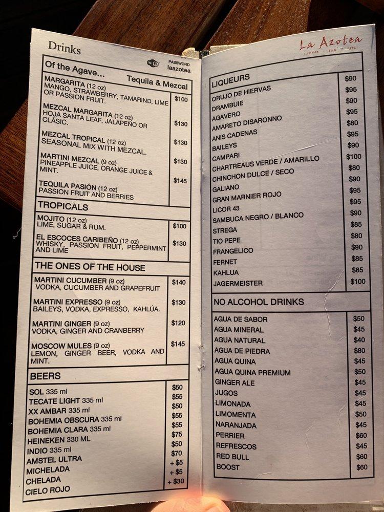 Menu at La Azotea pub & bar, San Miguel de Allende, Umarán 6