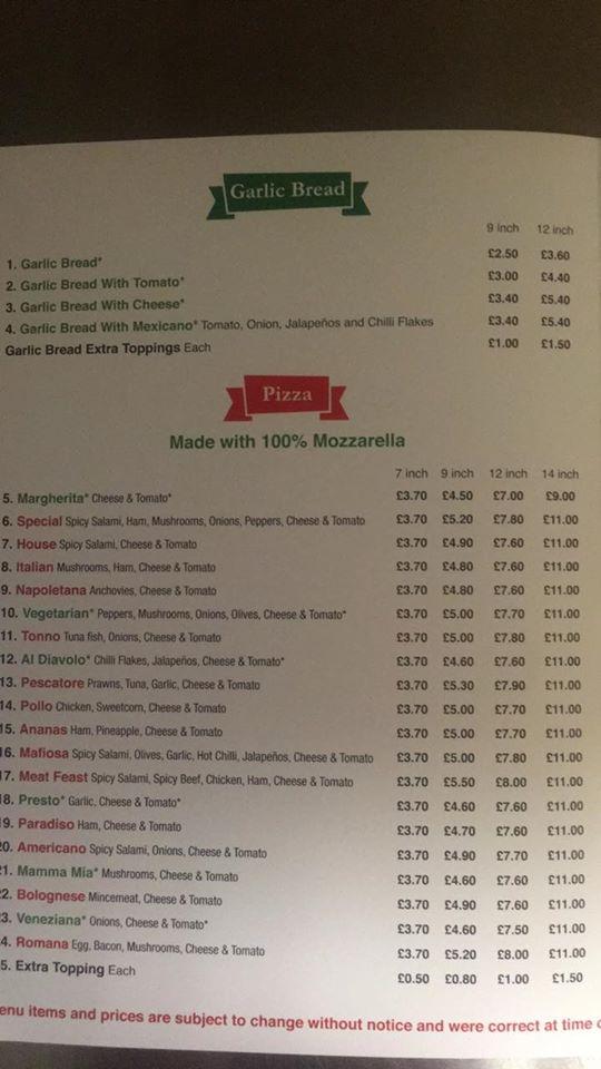 Menu at Pizza Roma Lostockhall fast food, Preston, 1B Victoria St