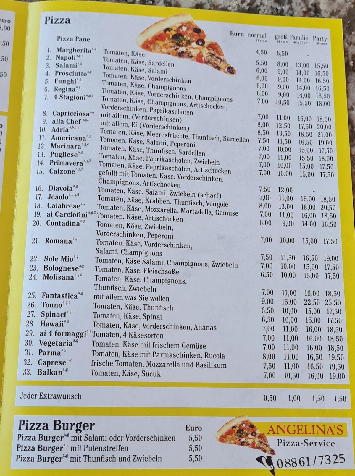 Carta de Angelinas Pizzaservice, Schongau