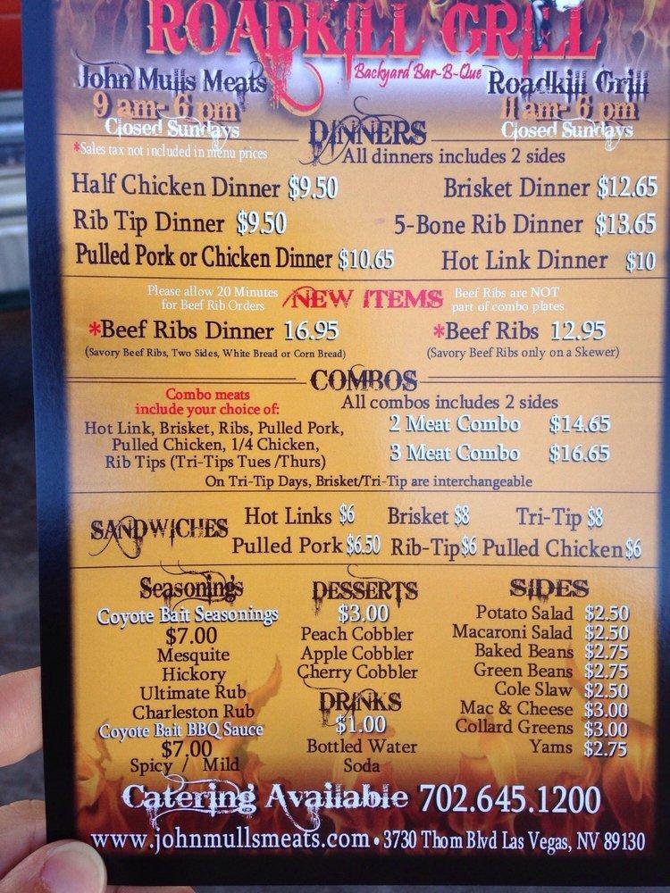 Menu At John Mull's Meats & Road Kill Grill BBQ, Las Vegas