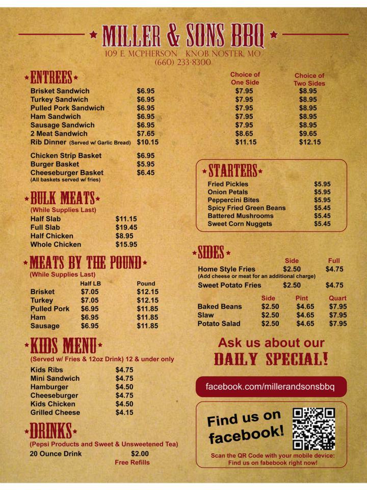 Menu at Miller & Sons BBQ, Knob Noster