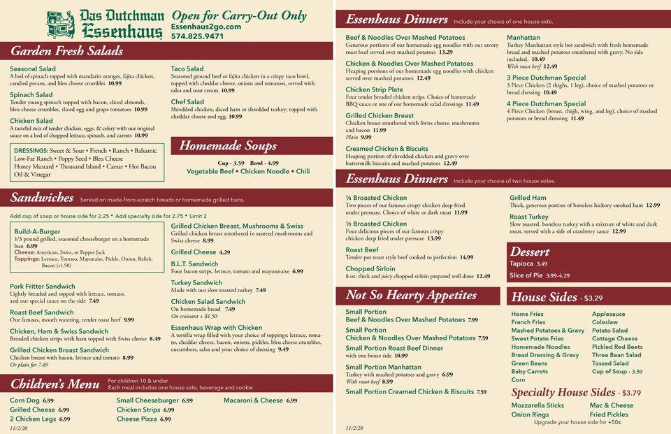 Menu at Essenhaus Village Shops restaurant, Middlebury, 240 US20