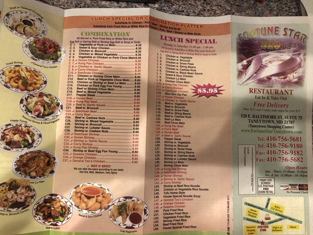 Menu at Fortune star restaurant, Taneytown