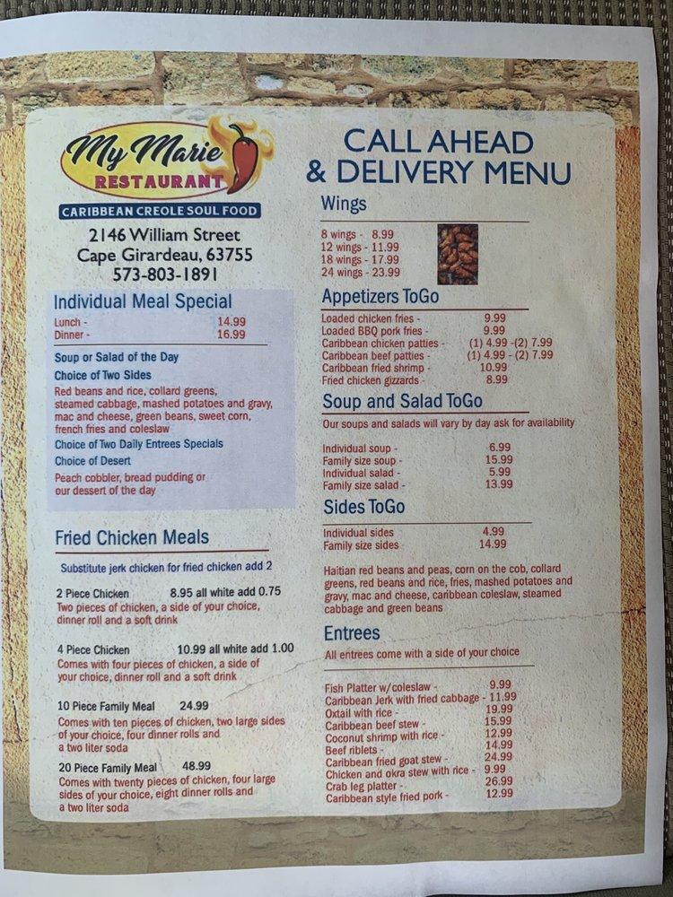 Carta de My Marie Restaurant, Cabo Girardeau
