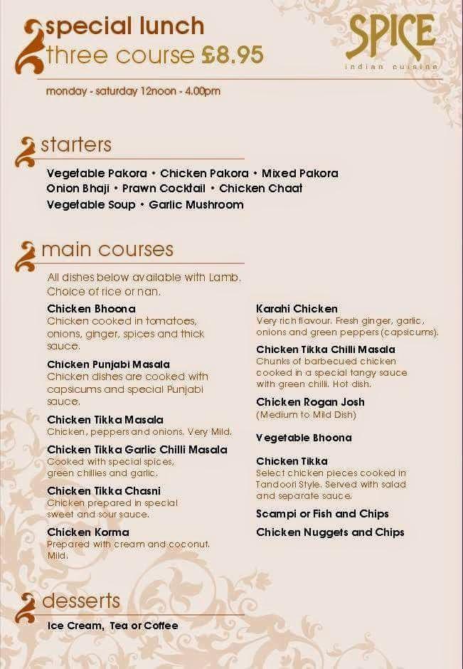 Menu at Spice Indian Cuisine restaurant, East Kilbride, 4650 Kirkton Park
