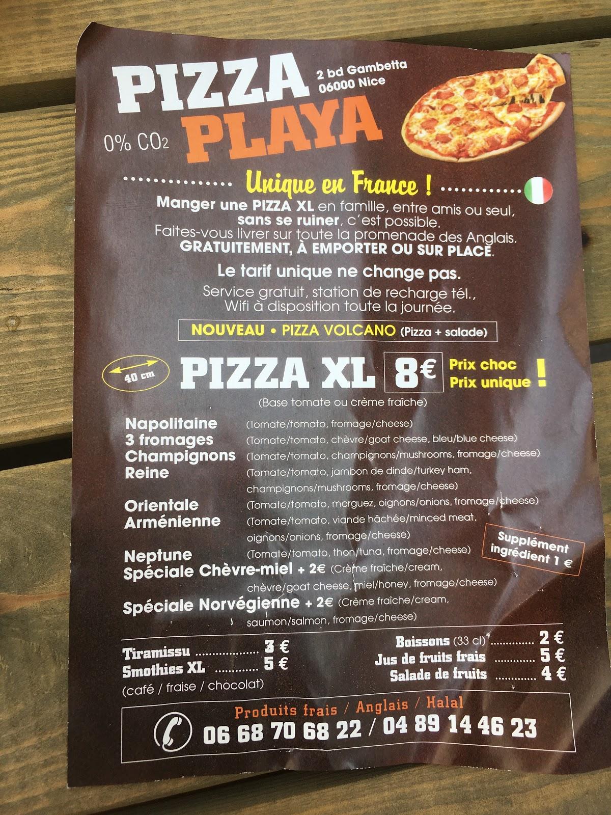 Menu at Pizza playa restaurant, Nice