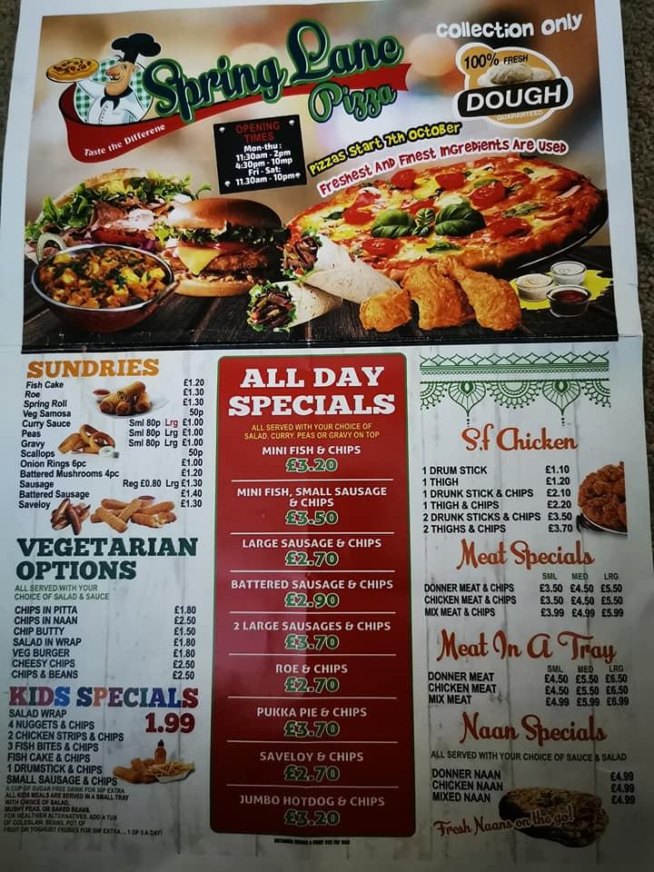 Menu at Spring Lane Fish Bar, Walsall
