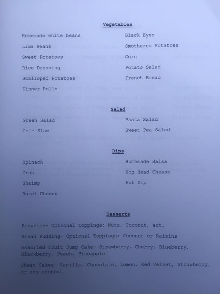 Menu at Bayou Catering restaurant, Breaux Bridge
