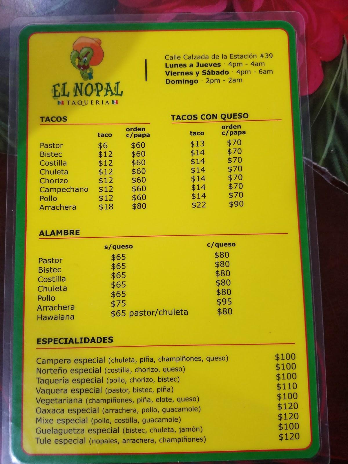 Menu at Taquería el Nopal restaurant, San Miguel de Allende, Calz. de