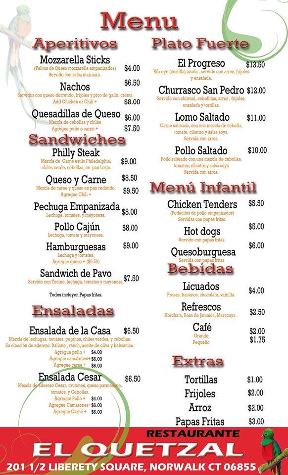 Menu At El Quetzal Restaurant Norwalk 