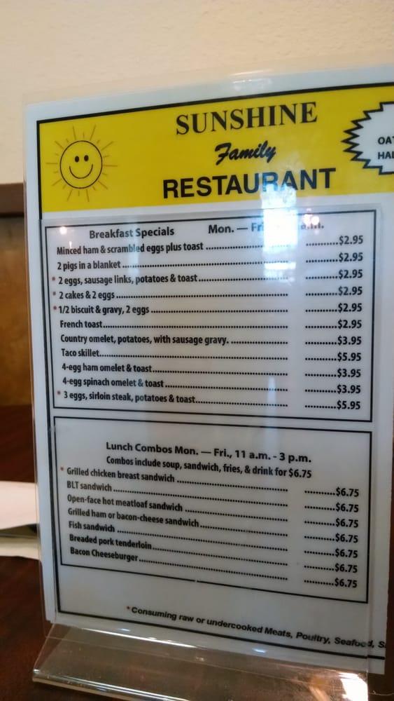 Menu at Sunshine Family Restaurant, Dubuque, 401 Central Ave