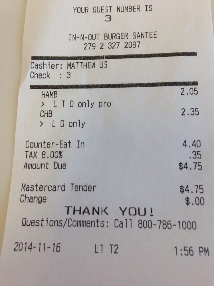 Menu at InNOut Burger fast food, Santee, Mission Rd