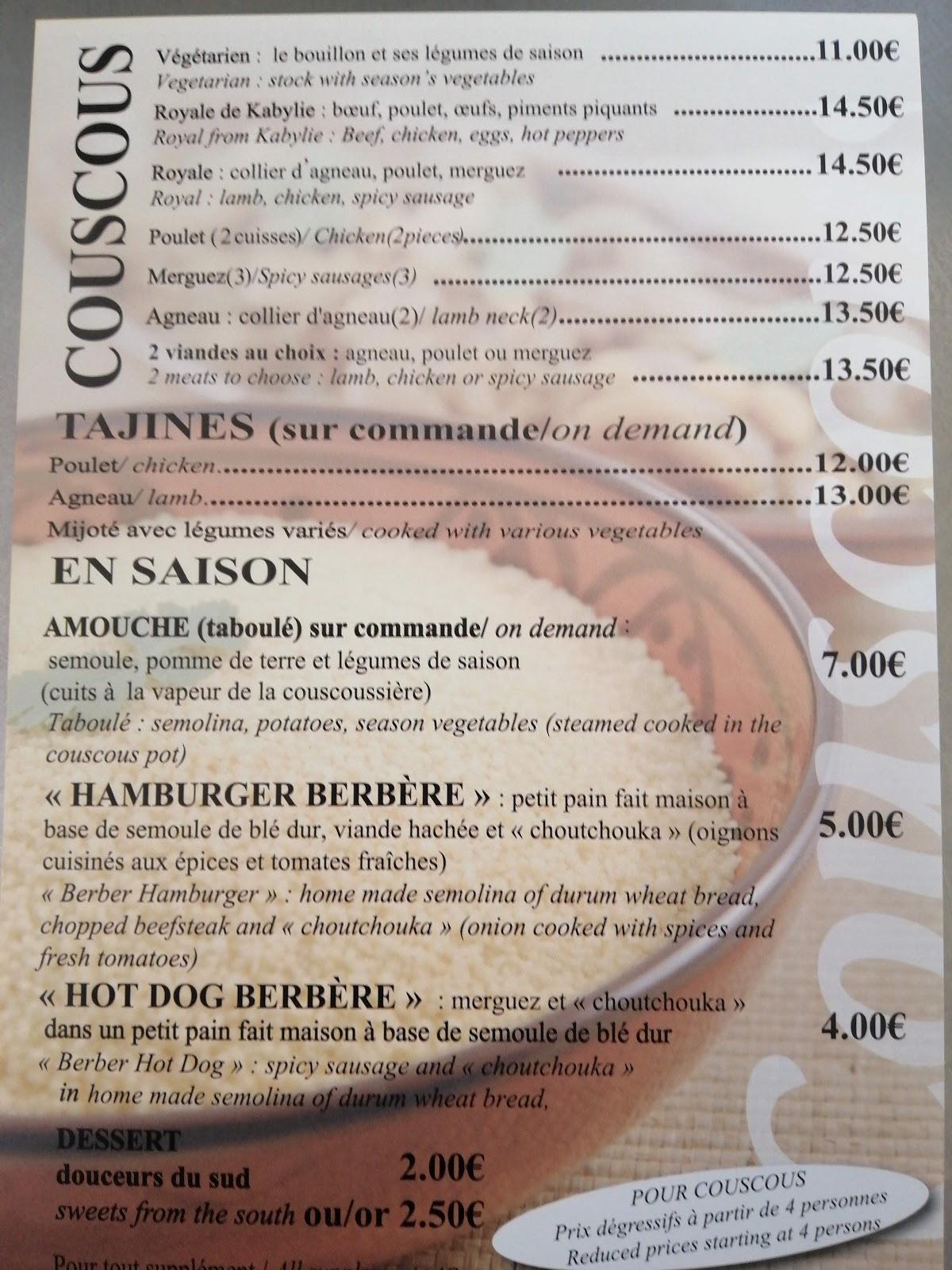Menu at La Couscoussière d'Hocine restaurant, JardsurMer, 34 Rue de l