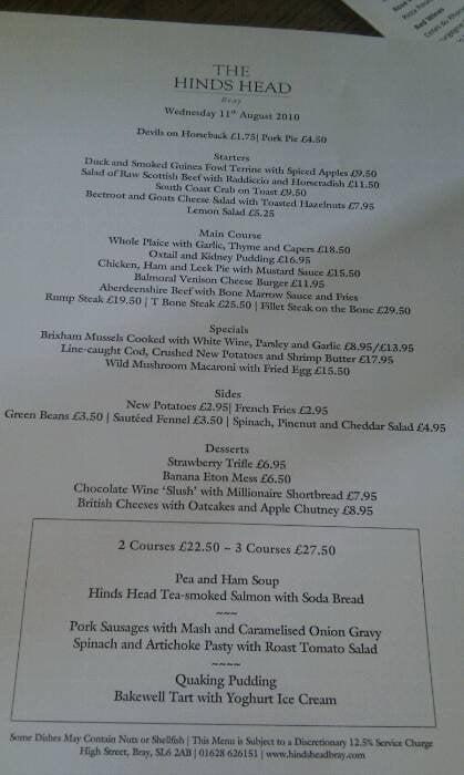 Menu at The Hinds Head pub & bar, Bray