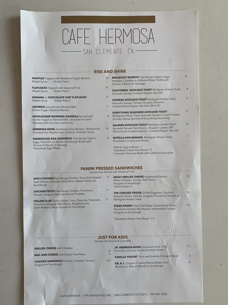 Menu at Cafe Hermosa, San Clemente, 979 Avenida Pico