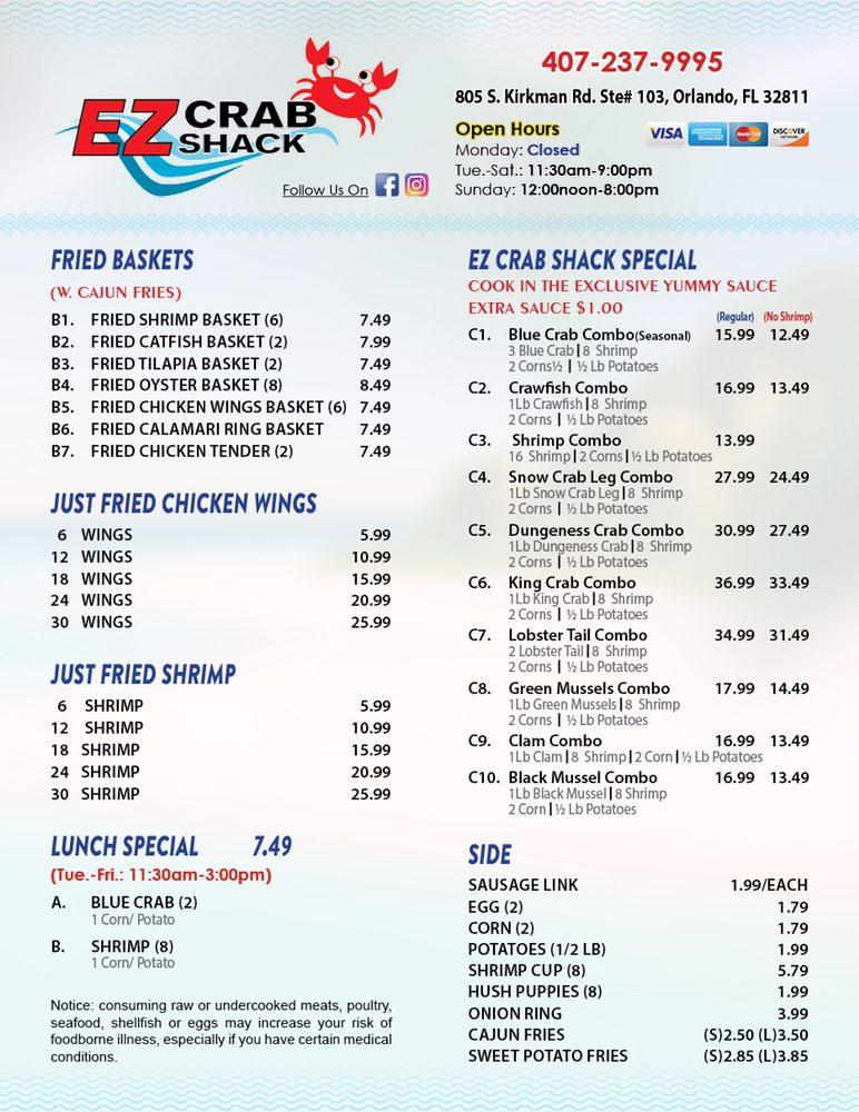 Menu at EZ Crab Shack restaurant, Orlando