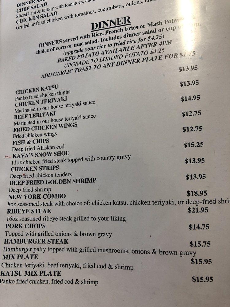 Menu at Kava's Pancake House restaurant, Anchorage, 100 Muldoon Rd