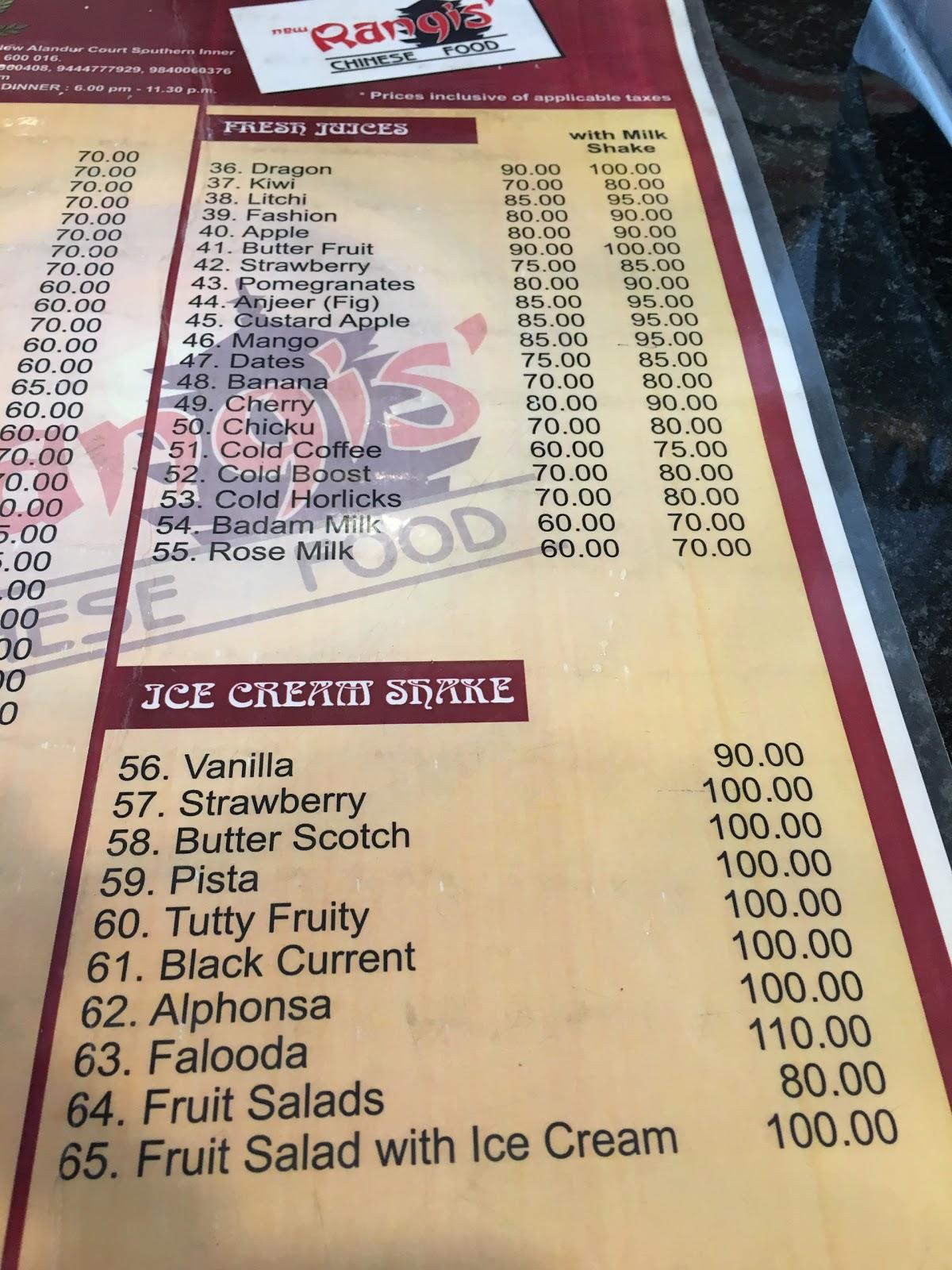 New Rangis Chinese Food menu