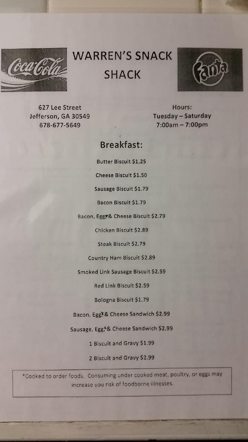 Menu at Warren's Breakfast & Grill restaurant, Braselton