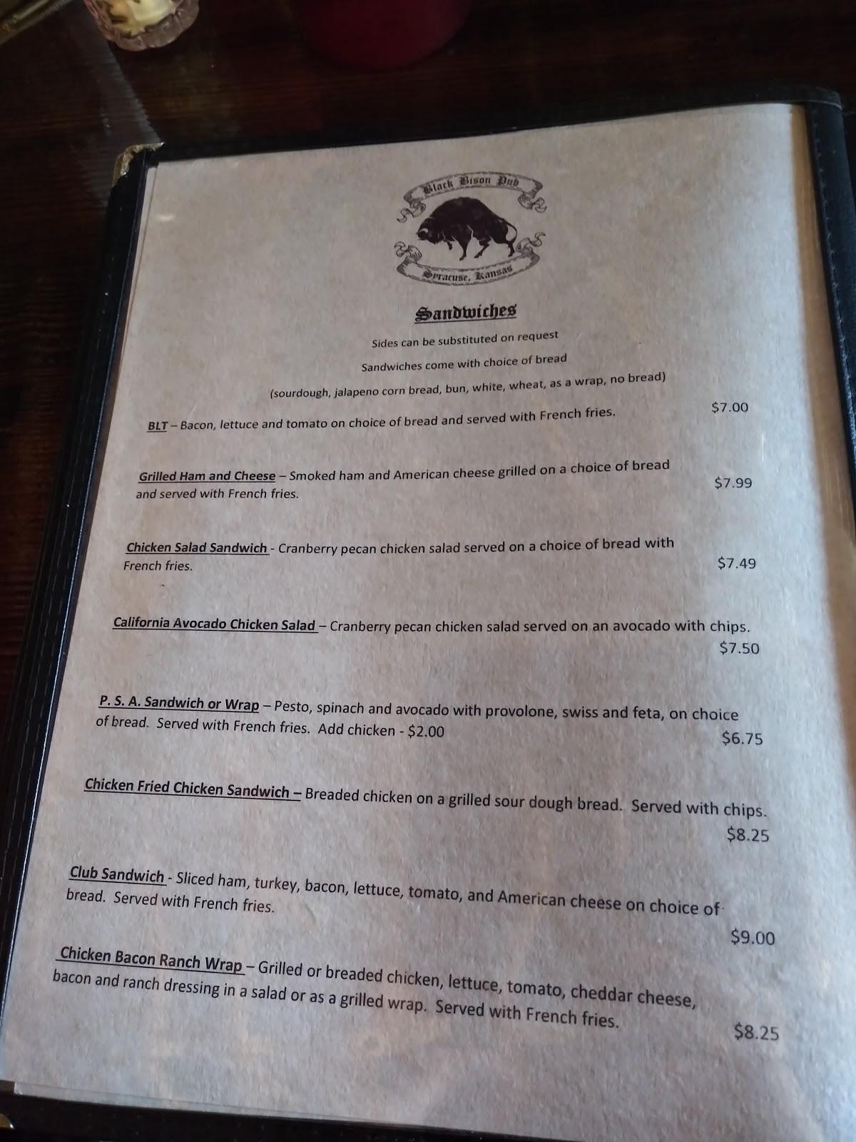 Menu at Black Bison Pub, Syracuse