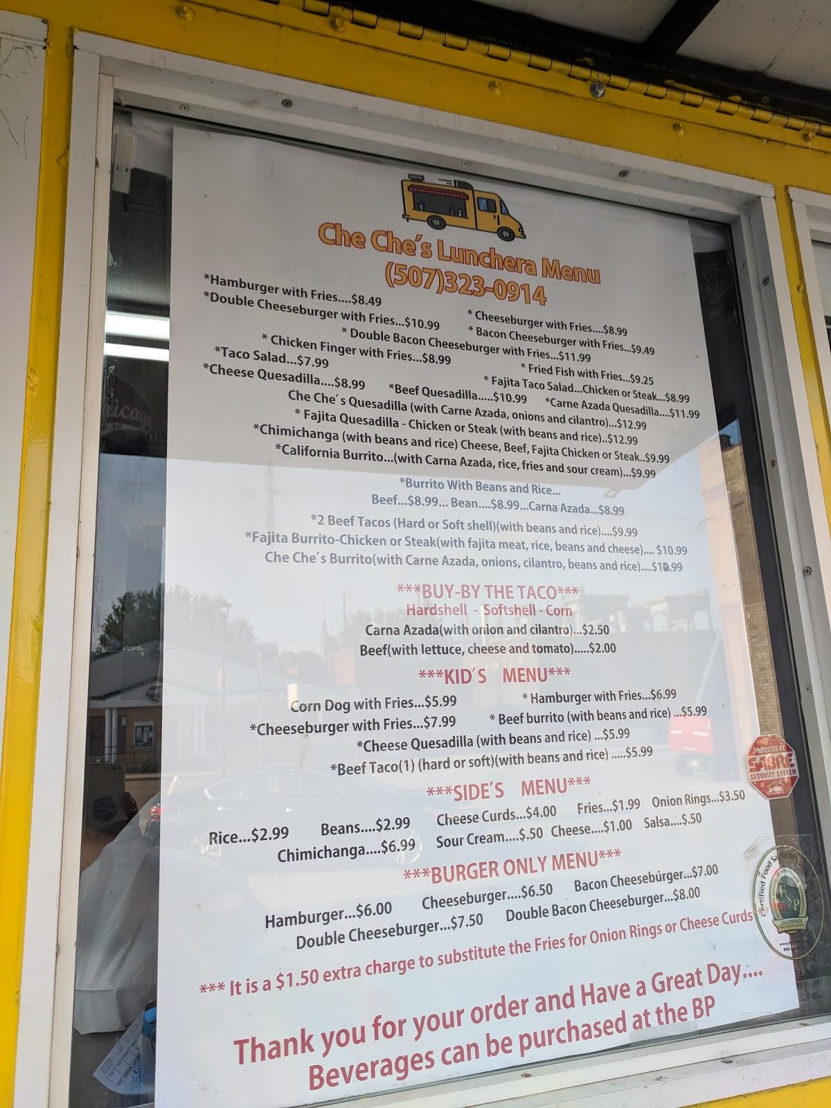 Menu at Che Che's Lunchera restaurant, Kenyon
