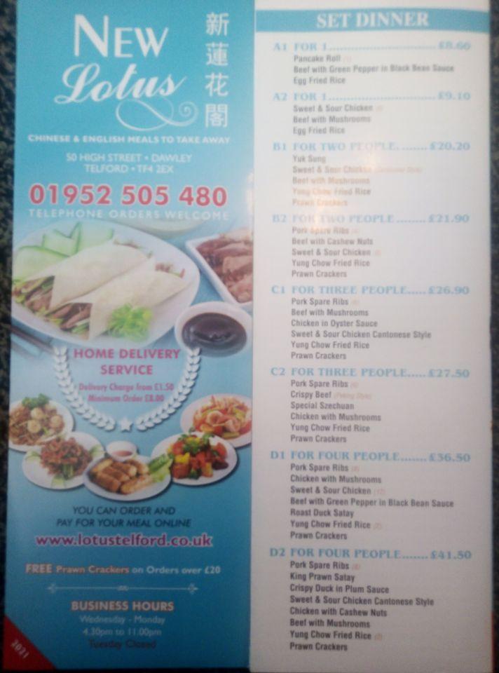 Menu at New Lotus fast food, Telford