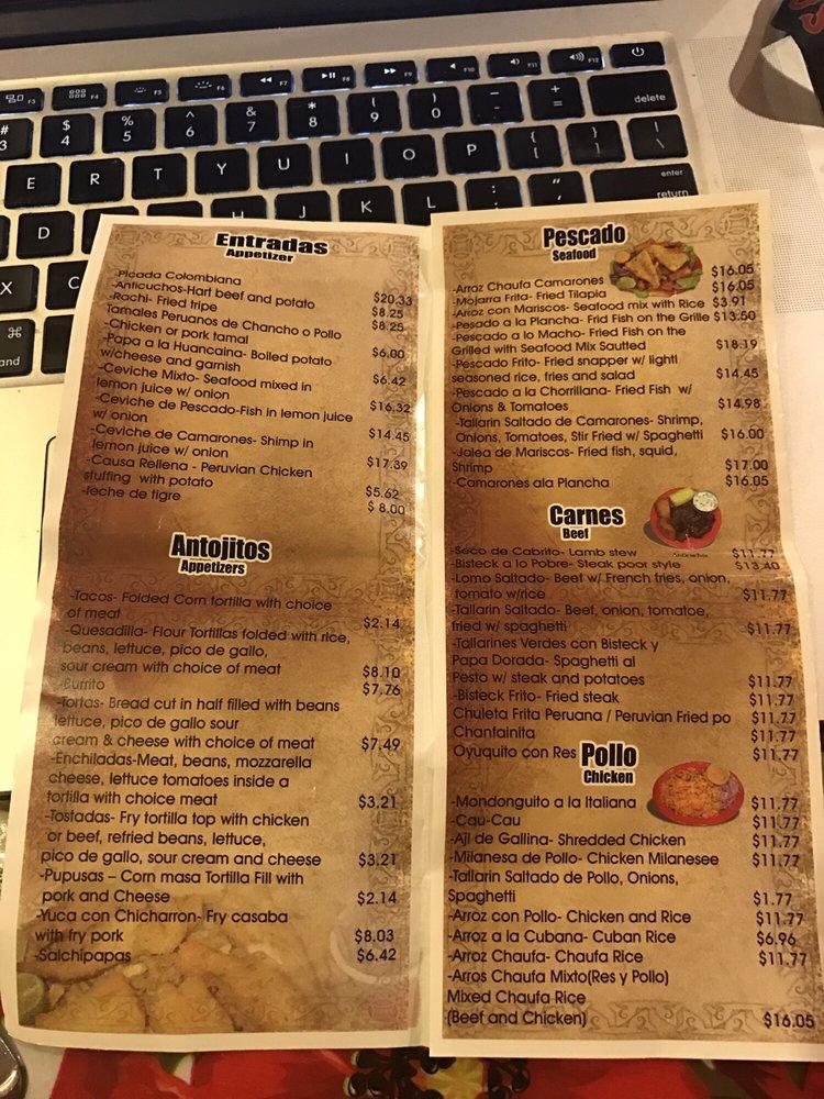 Carta del restaurante Pollos A La Brasa El Chalan, Boston, 405 Chelsea St