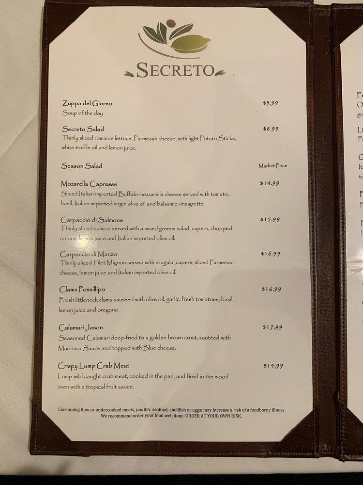 Menu at Secreto restaurant, Miami