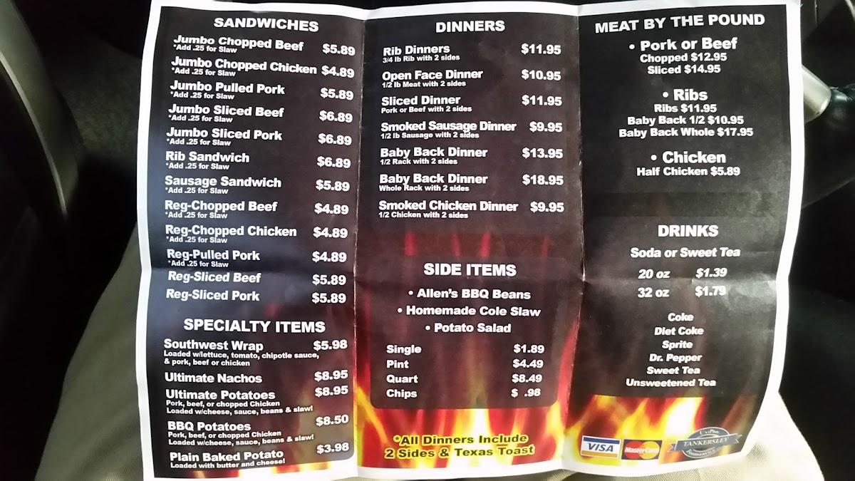 Menu at Allen’s BBQ Company, Arkadelphia