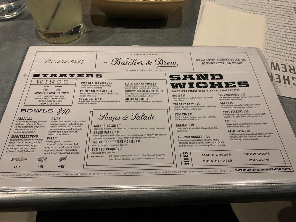 Menu at Butcher & Brew Halcyon pub & bar, Alpharetta, Town Square