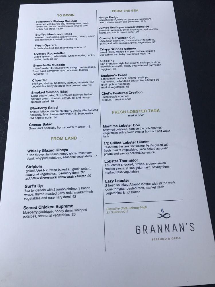 Menu at Grannan's Seafood restaurant, Saint John