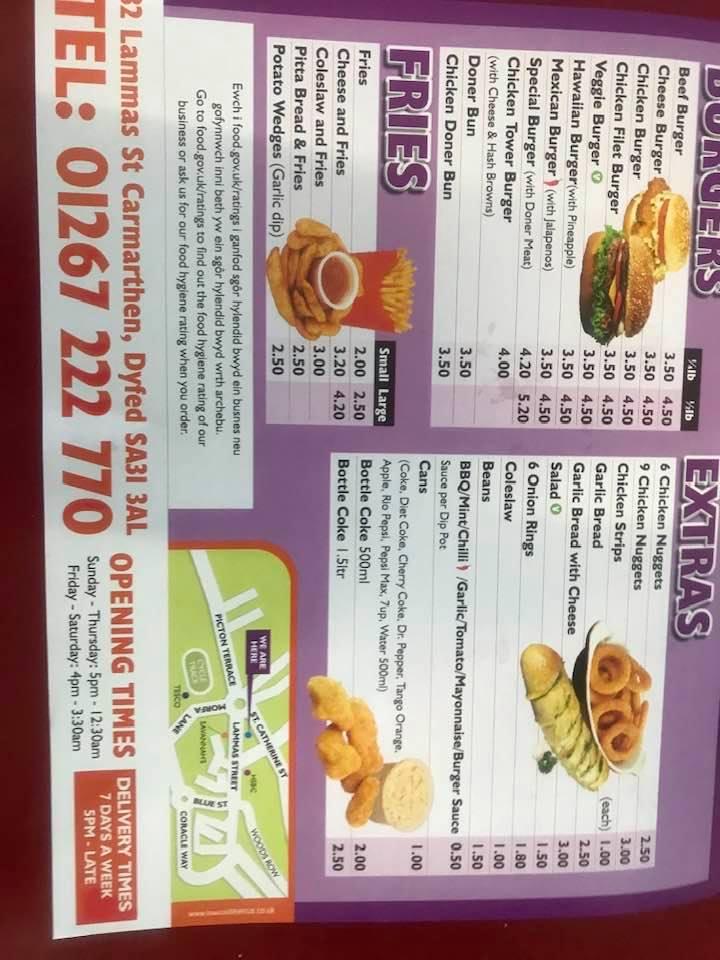 Menu at Chick King fast food, Carmarthen