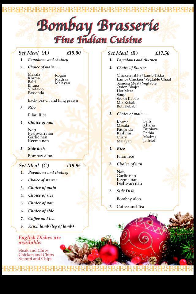 Menu at Bombay Brasserie restaurant, Grantham