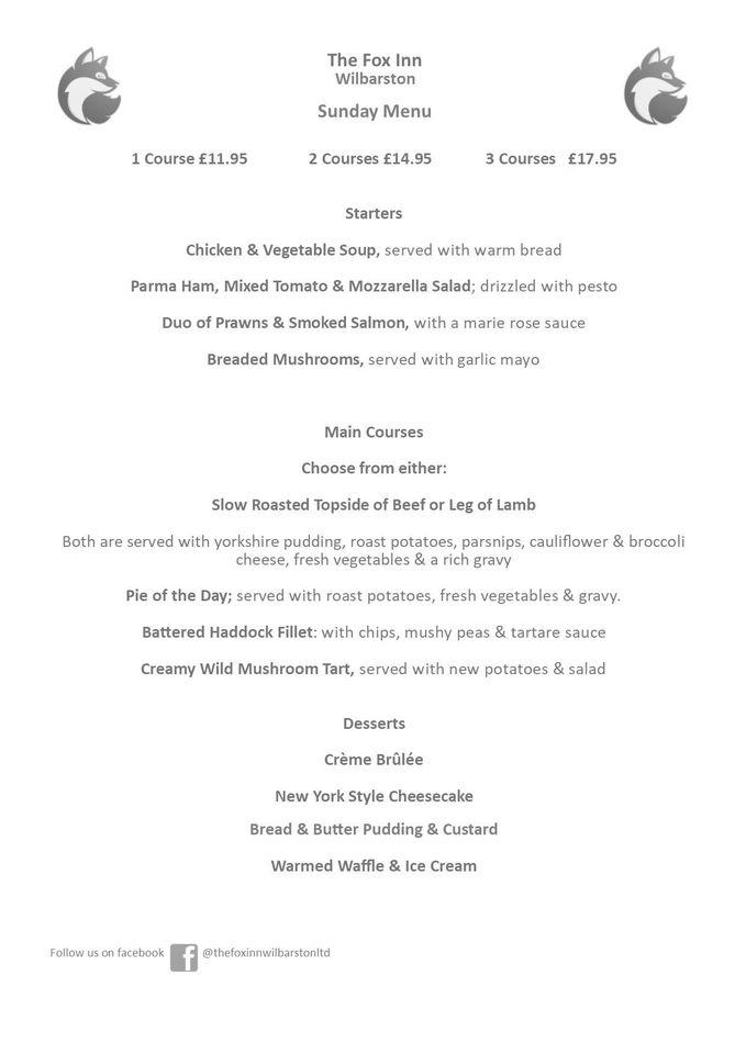 Menu at The Fox Inn Wilbarston, Wilbarston