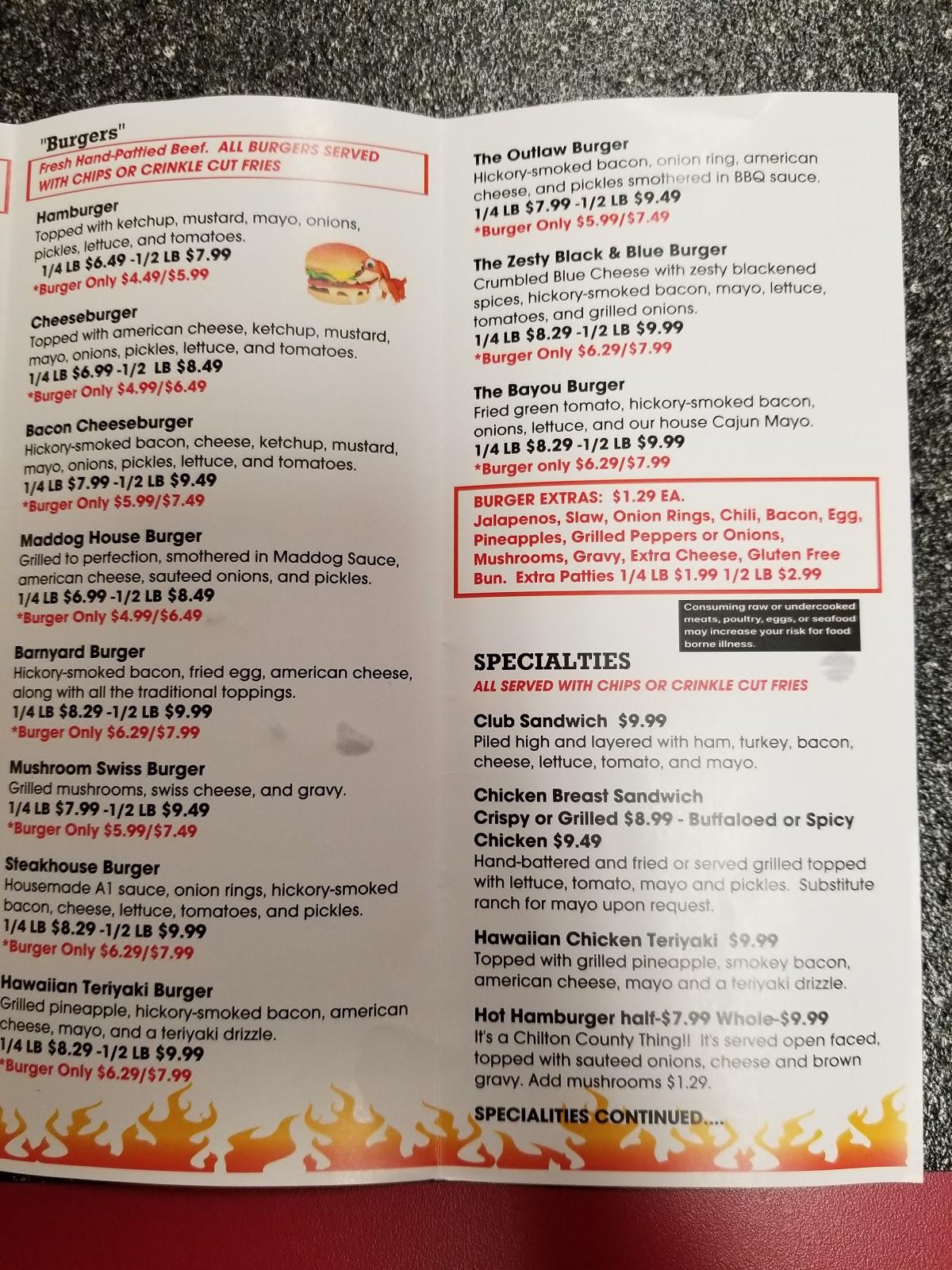 Menu at Maddogs Grill restaurant, Clanton
