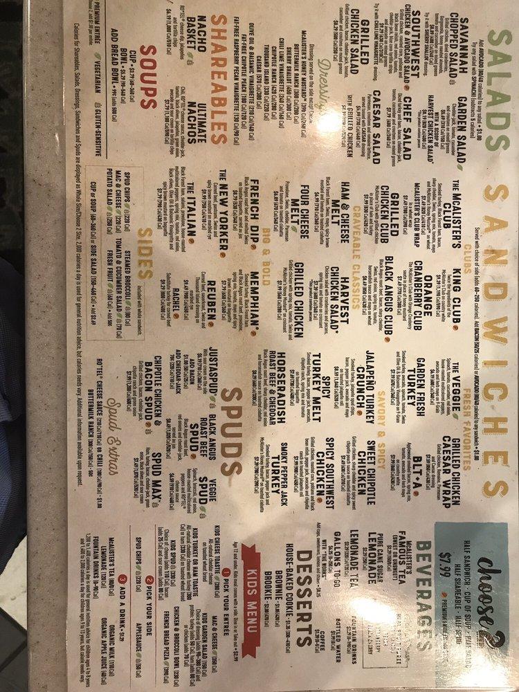 Menu at McAlister's Deli restaurant, Roanoke, Colonial Ave #132