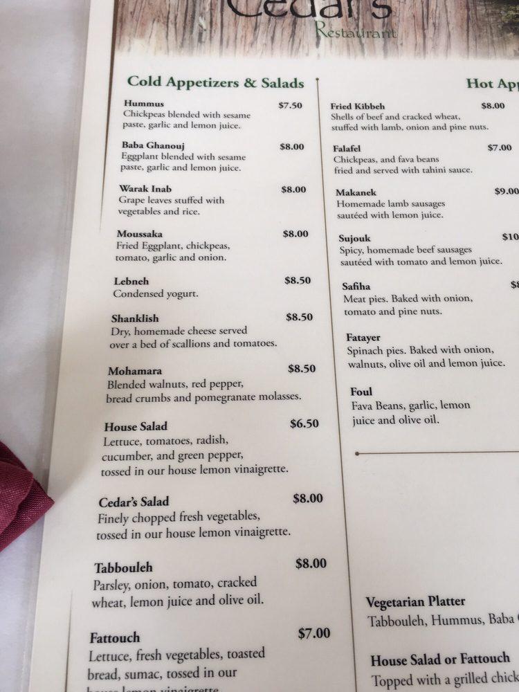 Menu at Cedars Restaurant, Orlando, W Sand Lake Rd