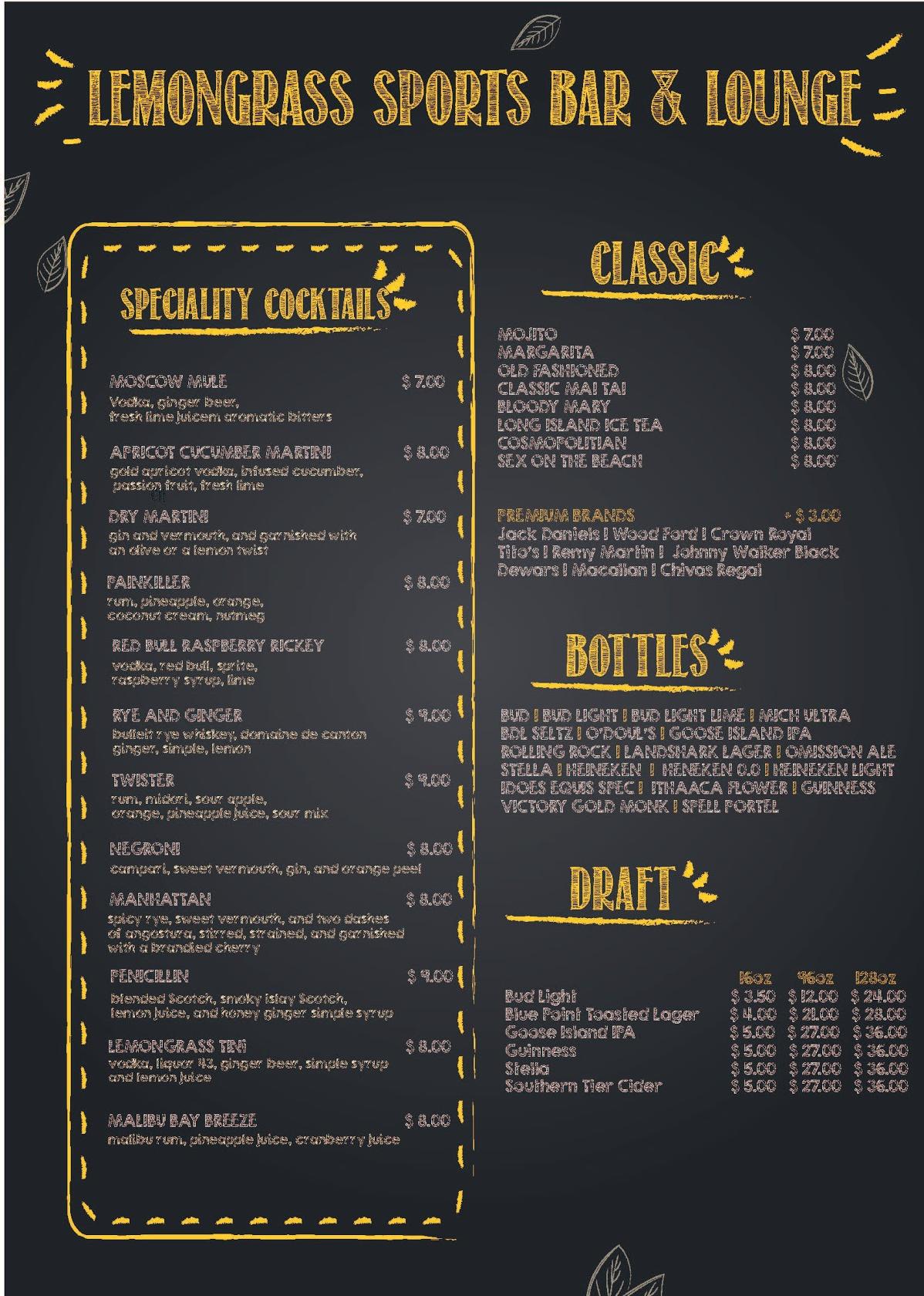 Carta de Lemongrass Sports Bar & Lounge, South Bound Brook