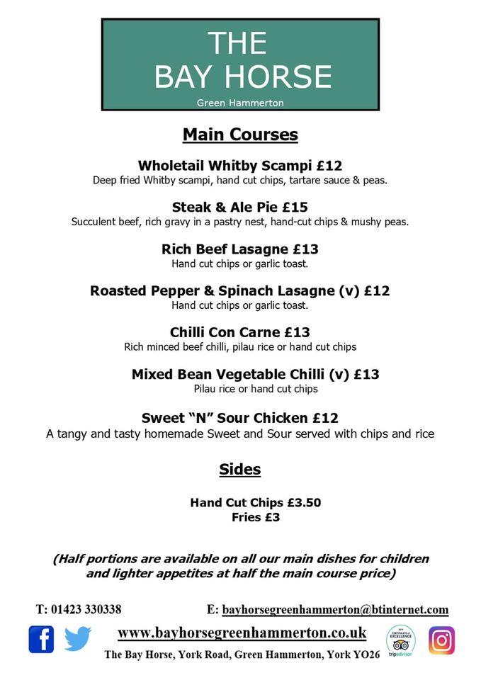 Menu at The Bay Horse Inn pub & bar, Green Hammerton, York Rd