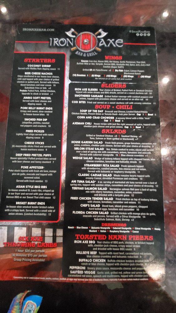 Menu at Iron Axe Bar & Grill, South Daytona