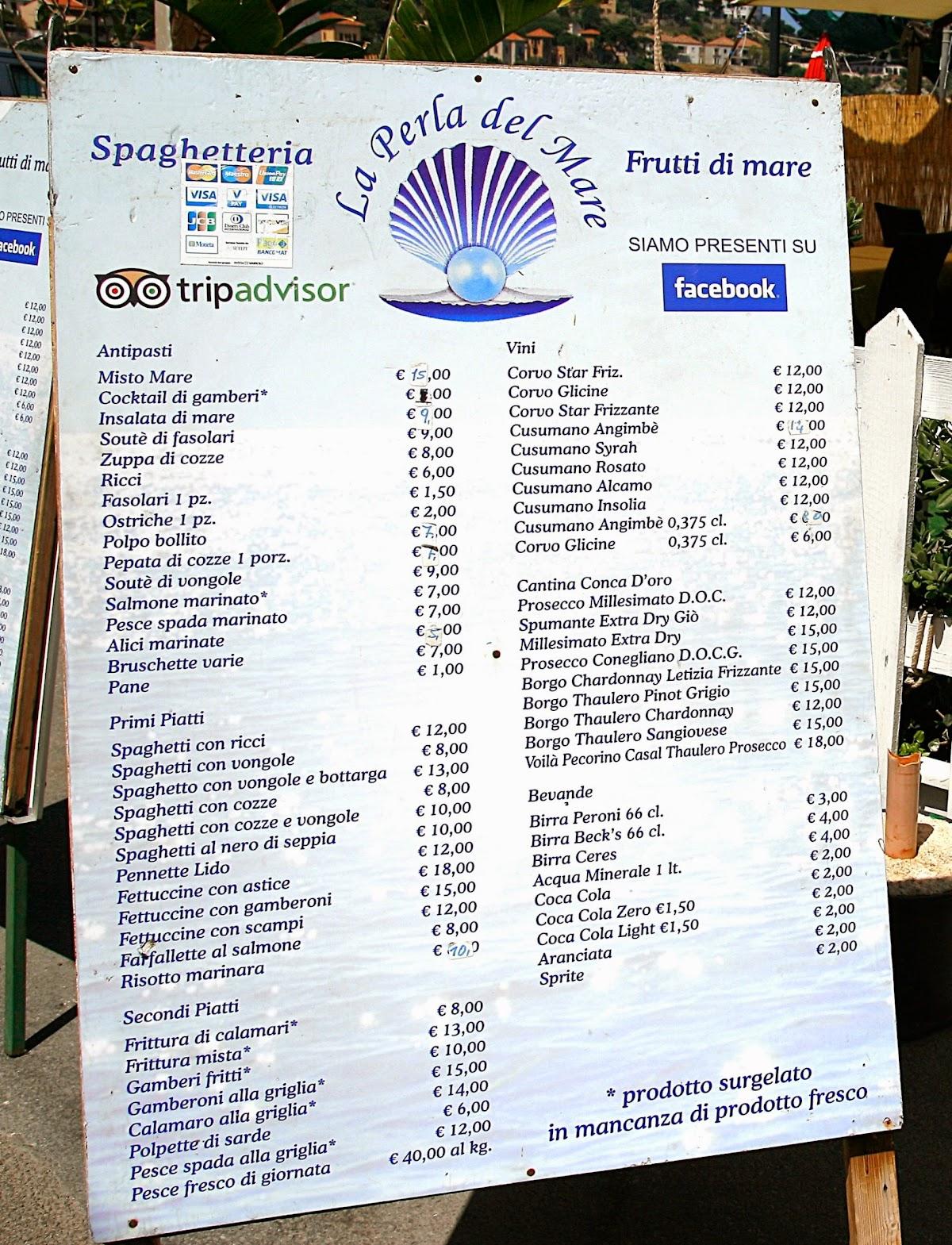 Menu da La perla del mare ristorante, Palermo