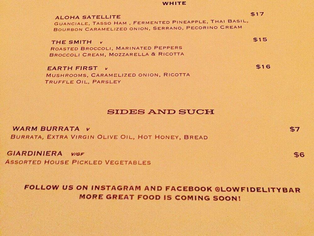 Carta del pub y bar Low Fidelity, Jersey City