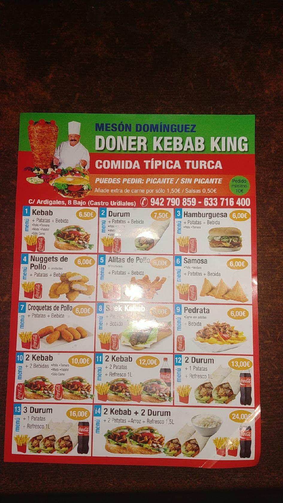 Carta del restaurante Mesón Domínguez King Doner Kebab Castro Urdiales