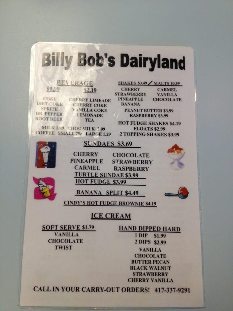 Menu at Billy Bob's Dairy Land restaurant, Branson, W 76 Country Blvd
